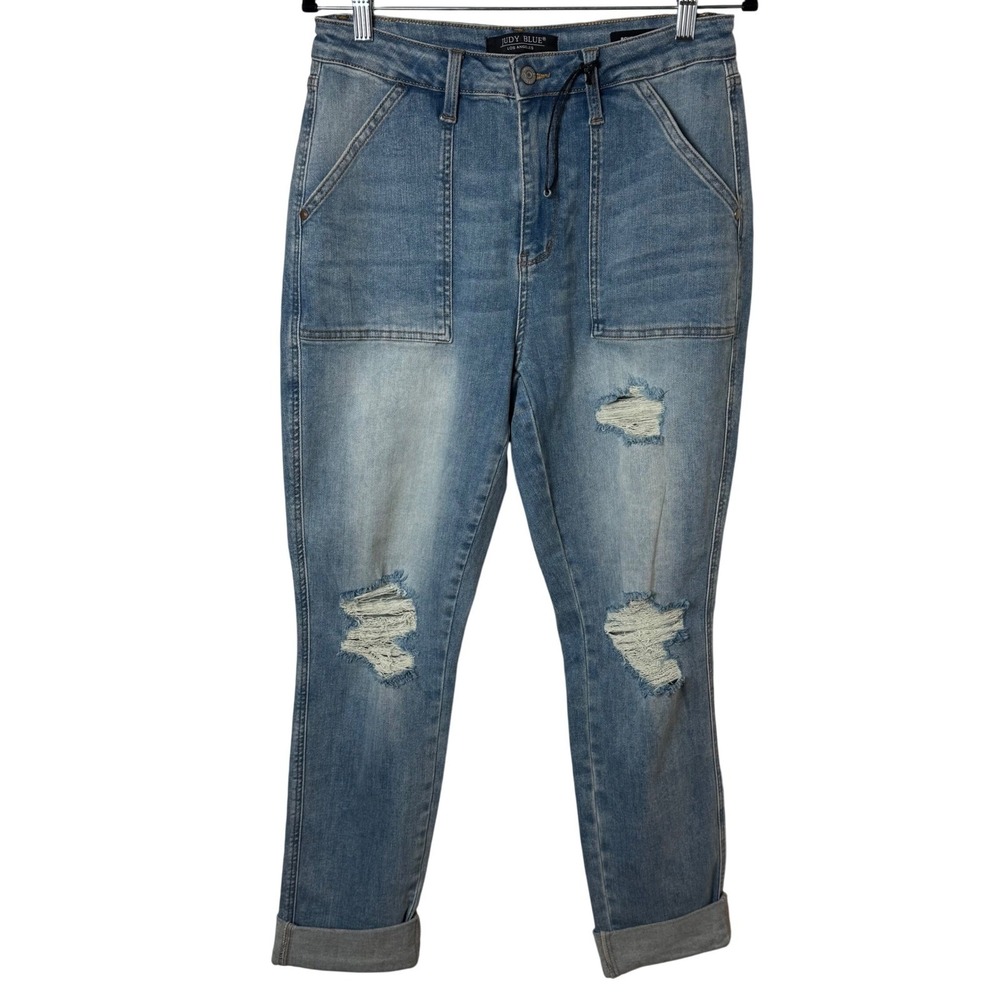 Judy Blue Boyfriend Jeans Women 11/30 Blue Distressed Patch Pocket Relaxed  NWOT